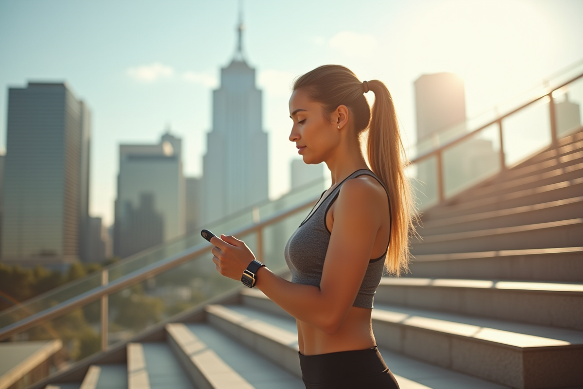 Jeune femme en tenue de sport regardant son tracker de fitness avec la ville en arrière-plan
