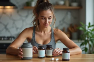 Femme examine deux compléments alimentaires dans sa cuisine