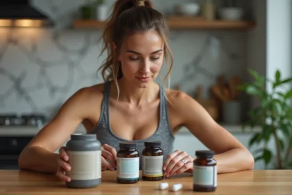 Femme examine deux compléments alimentaires dans sa cuisine