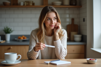 Femme tenant un test de grossesse dans une cuisine moderne
