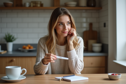 Femme tenant un test de grossesse dans une cuisine moderne