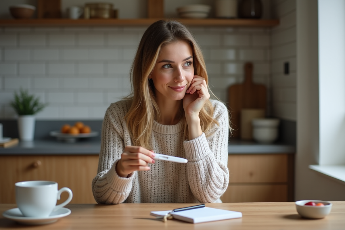 Femme tenant un test de grossesse dans une cuisine moderne