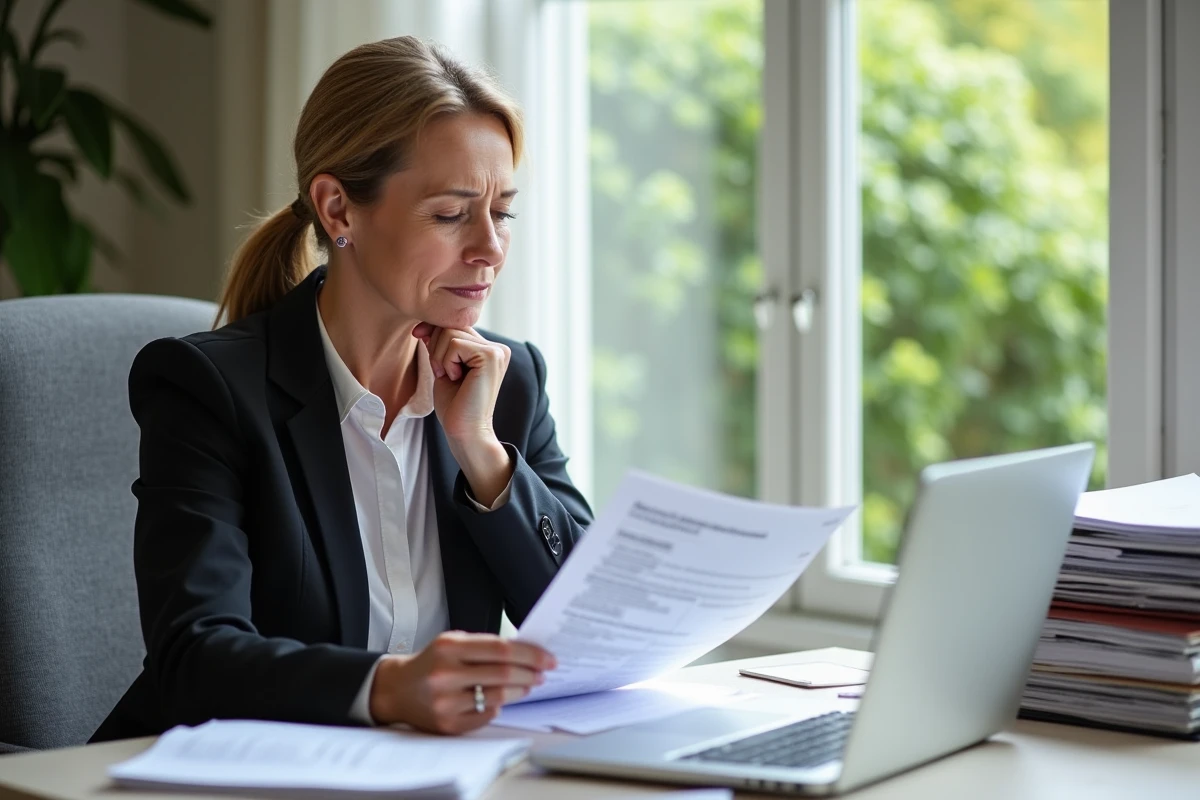 Femme d'âge moyen lisant un certificat médical à son bureau