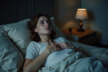Femme allongée dans son lit la nuit les yeux ouverts ressentant des vibrations internes dans son corps