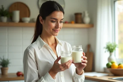 Femme lisant l'étiquette d'un pot de yaourt probiotique dans une cuisine moderne pour choisir le meilleur probiotique pour maigrir