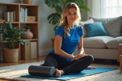 Femme en yoga utilisant un foam roller dans un salon cosy