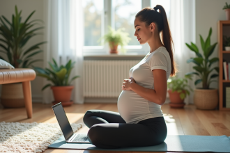 Femme enceinte pratiquant yoga prénatal dans un salon lumineux