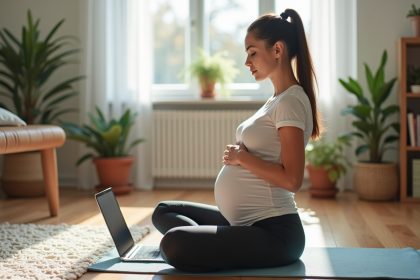 Femme enceinte pratiquant yoga prénatal dans un salon lumineux