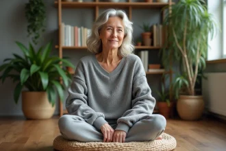 Femme méditant en yoga dans un salon calme et chaleureux