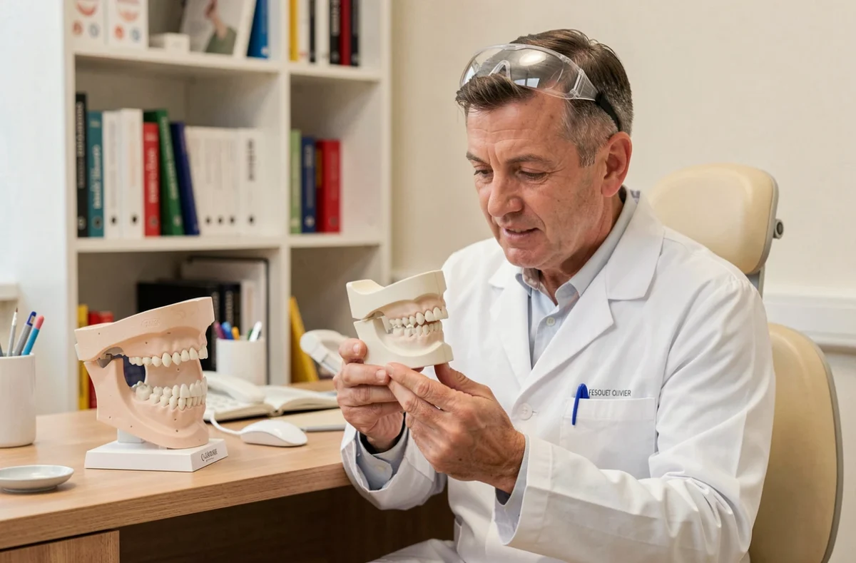 Fesquet Olivier, dentiste examinant un modèle en plâtre dentaire dans son cabinet médical héraultais