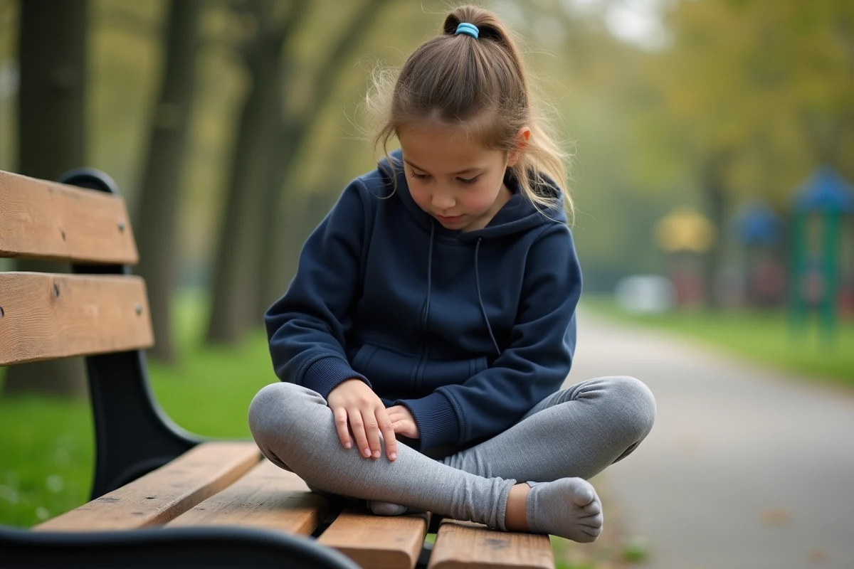 Fille de 10 ans examinant son genou dans un parc