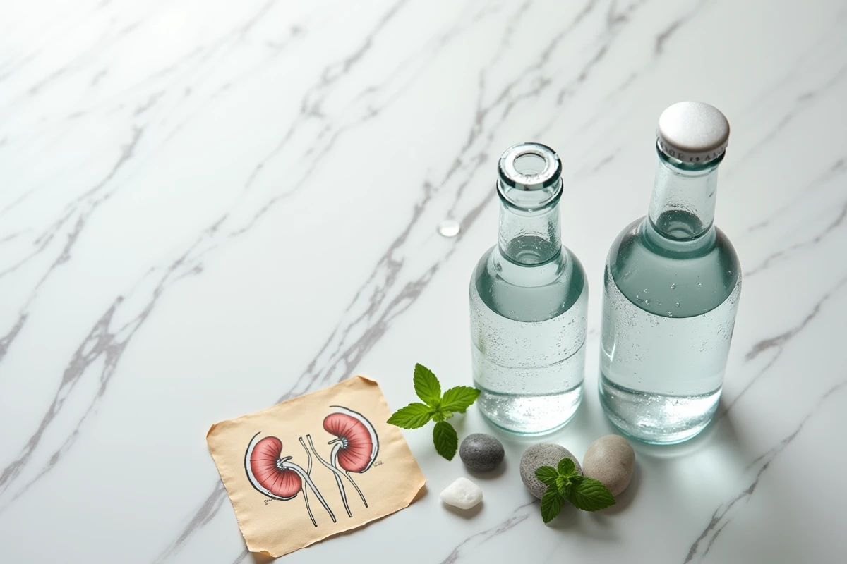 Vue de dessus de deux bouteilles d'eau minérale et de source sur marbre blanc avec illustration des reins