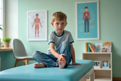 Garçon de 7 ans assis sur une table médicale en pédiatrie