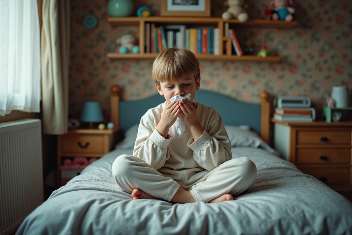 Garçon malade assis sur son lit avec un mouchoir