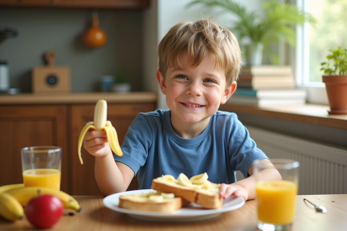 Jeune garçon souriant avec banane et toast au petit déjeuner