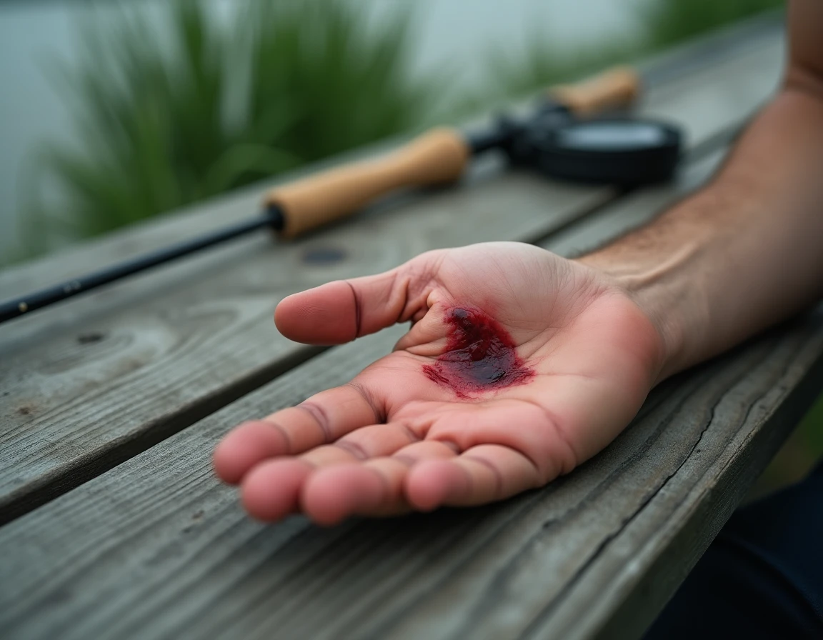 Gros plan d'une main d'adulte avec une morsure de brochet et une légère enflure sur l'index posée sur une table en bois au bord de l'eau