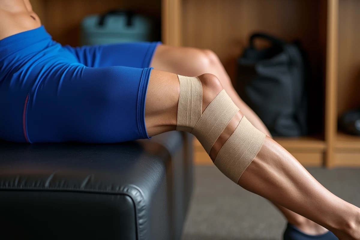 Gros plan sur un taping en éventail appliqué sur le mollet d'un athlète pour protocole de claquage musculaire