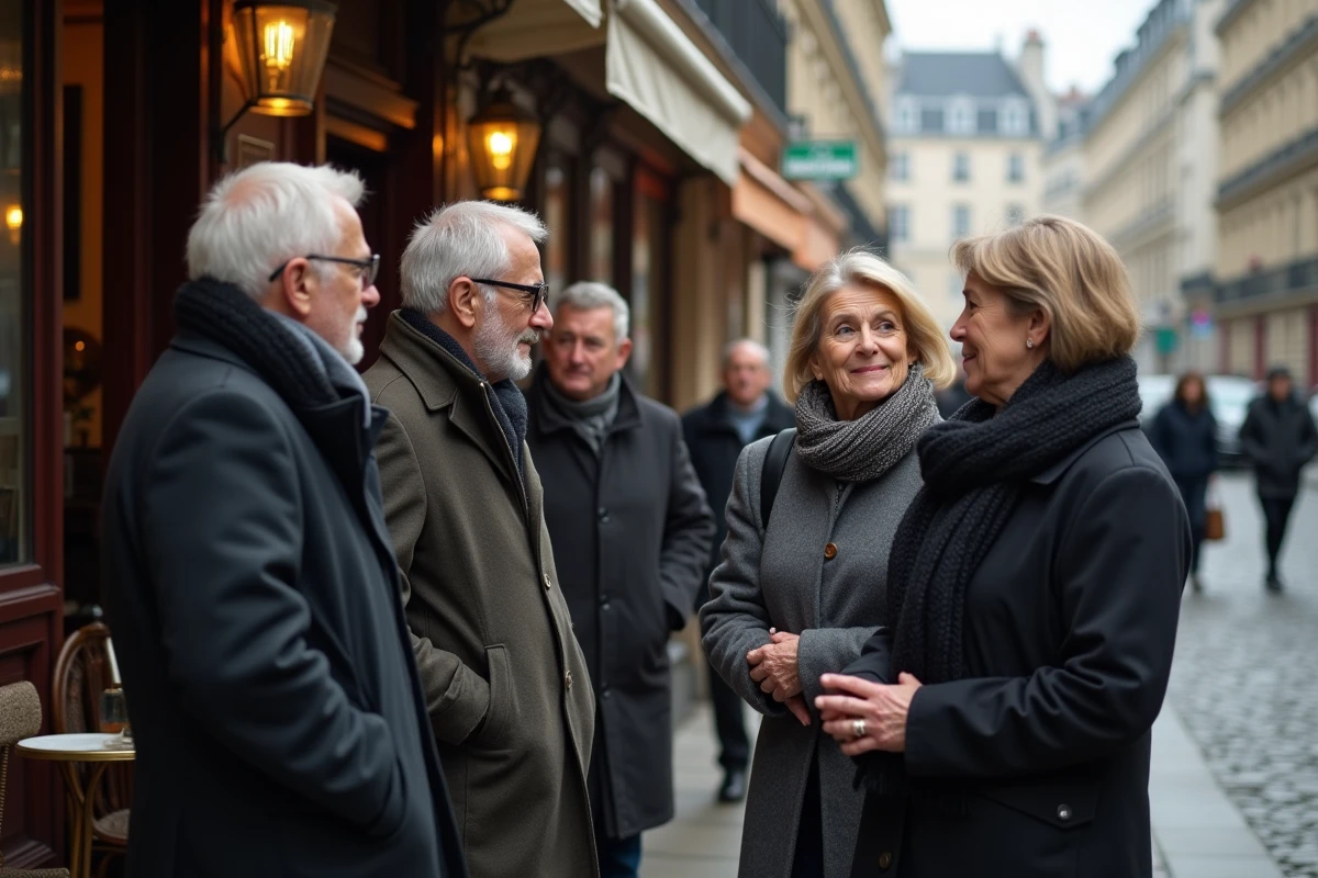 Groupe de personnes discutant devant un cafe parisien