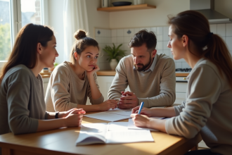Groupe de personnes discutant de symptômes dans une cuisine lumineuse