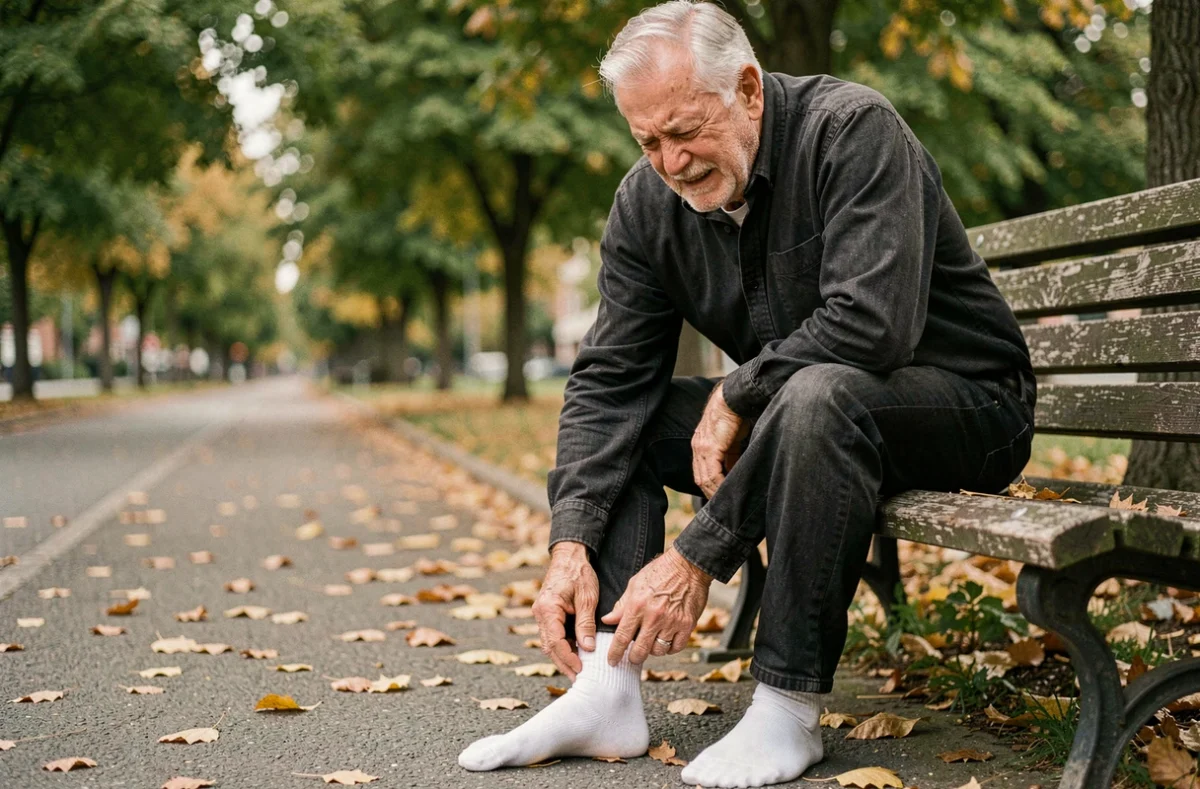 Homme âgé massant son orteil douloureux sur un banc de parc souffrant de bursite chronique du pied