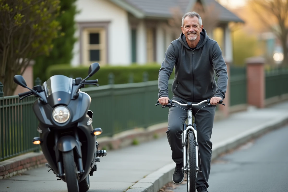 Homme en vélo et moto dans une rue résidentielle