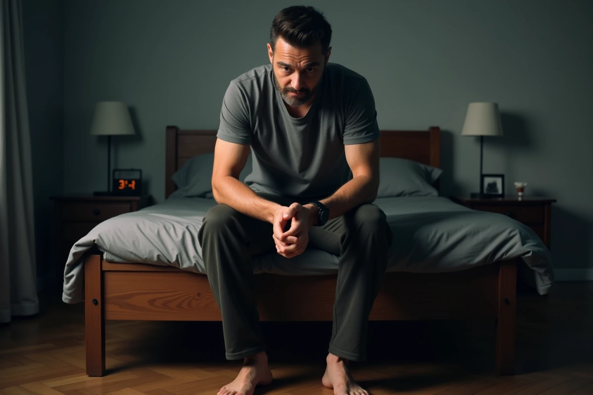 Homme assis au bord du lit la nuit avec une expression d'inquiétude ressentant des sensations de vibrations corporelles