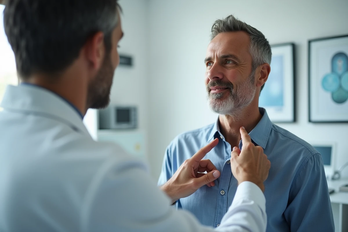 Homme en consultation dermatologique en cabinet médical