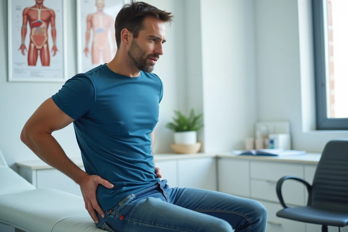 Homme en consultation médicale avec expression réfléchie