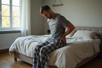 Homme en détresse dorsale dans un lit moderne