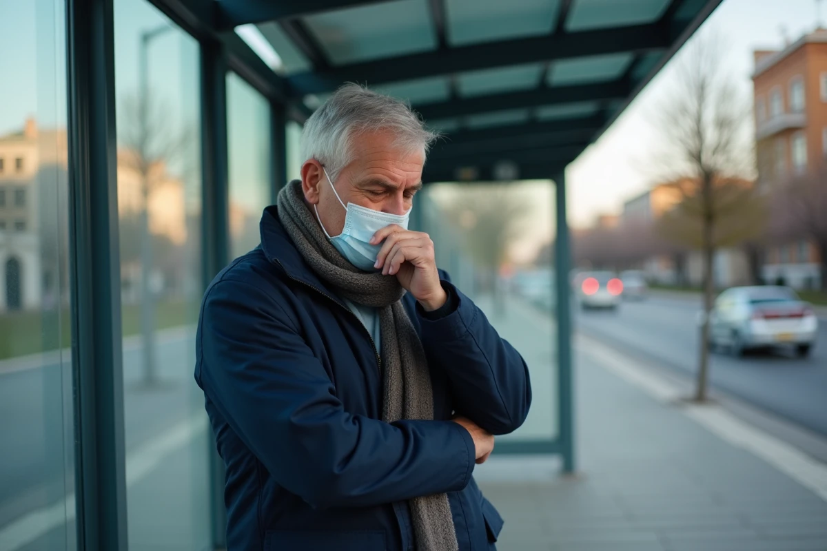 Homme toussant au bus en portant un masque partiellement abaissé