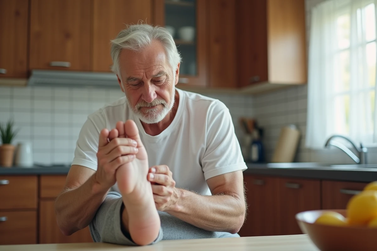 Homme se frottant le pied pour soulager des fourmillements liés à la paresthésie