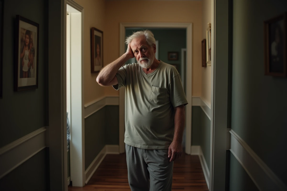 Homme âgé dans le couloir pensif et fatigué