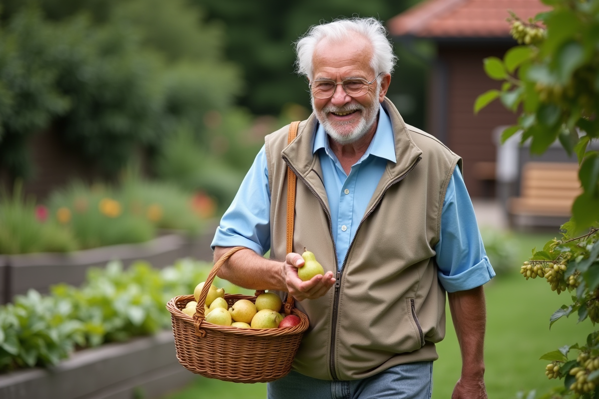Homme âgé cueillant des poires dans un jardin communautaire
