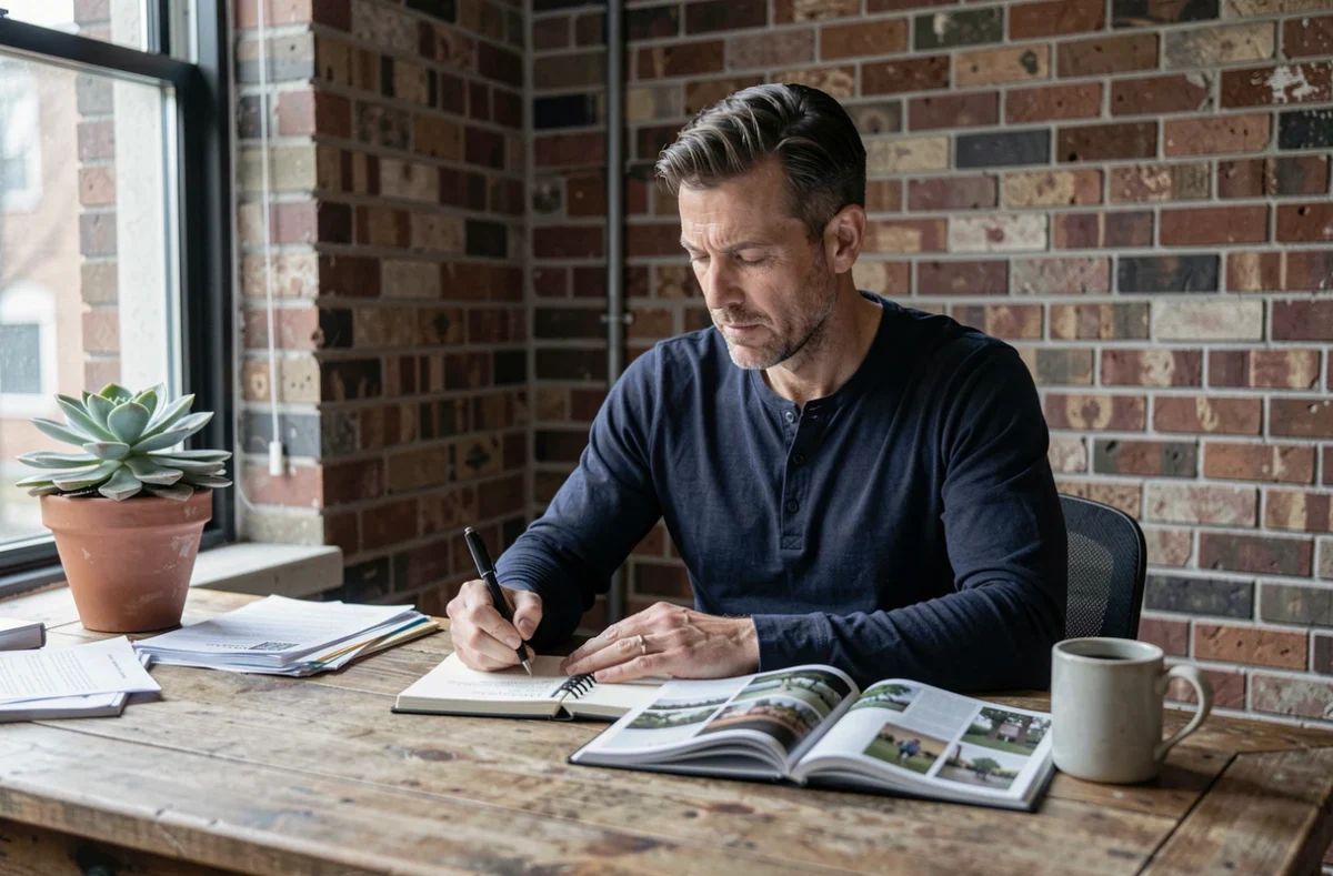 Homme prenant des notes dans un journal personnel à côté d'un magazine de psychologie positive dans un bureau à domicile