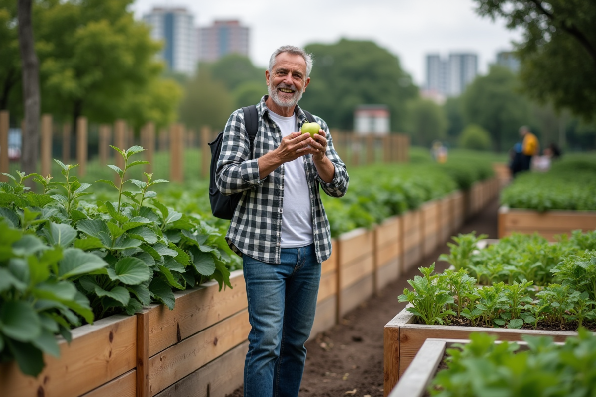 Homme dégustant une pomme dans un jardin communautaire