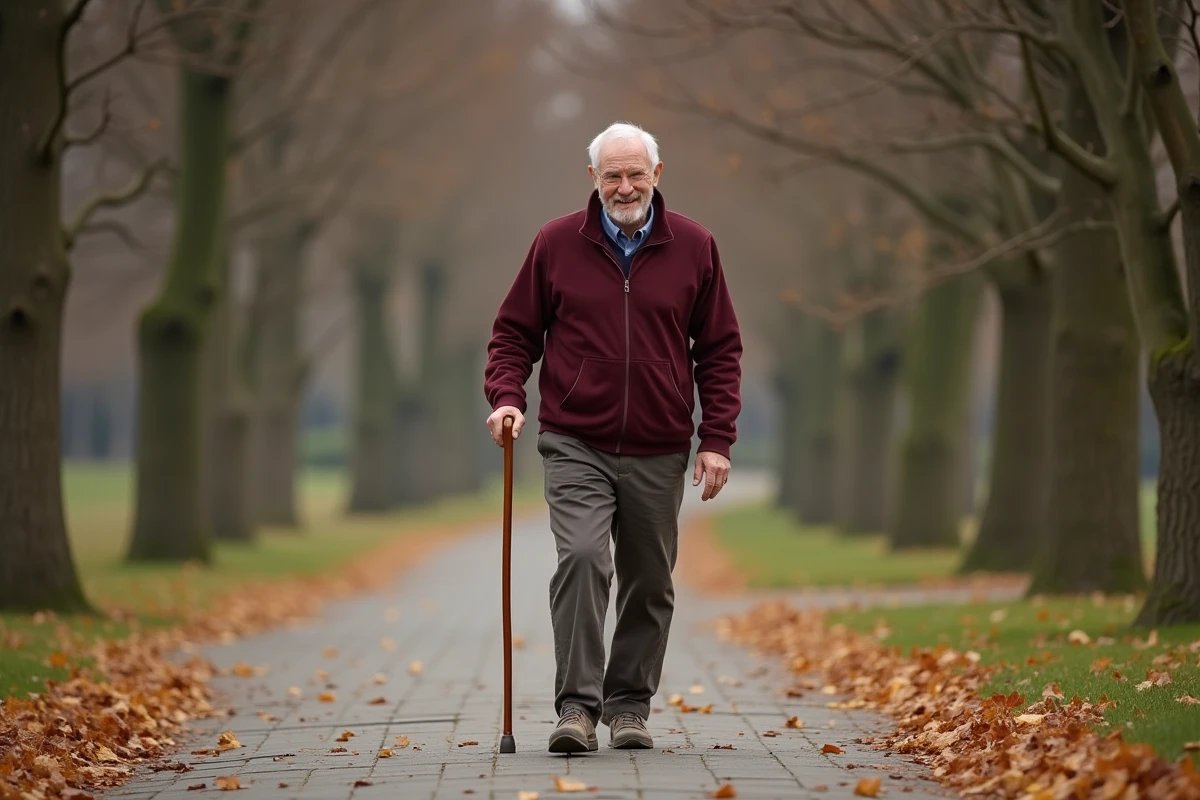 Homme âgé marchant avec une canne dans un parc en automne pour maintenir une activité physique malgré l'algodystrophie