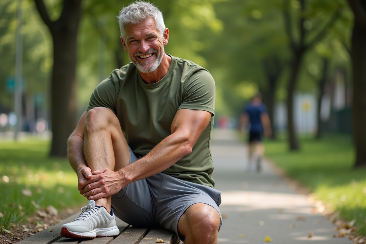 Homme en jogging se massant le mollet dans un parc ensoleille