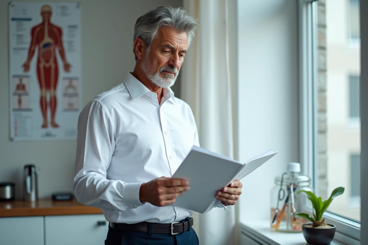 Homme en consultation avec brochure médicale dans un cabinet