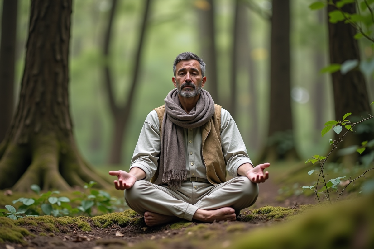 Homme méditant en pleine nature dans un bois