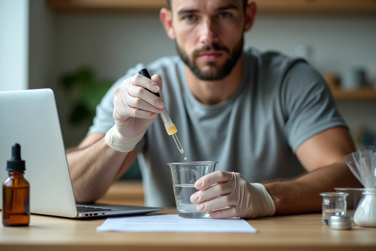 Homme en gants de nitrile mélangeant un sérum maison dans un bécher en verre à son bureau avec une recette imprimée