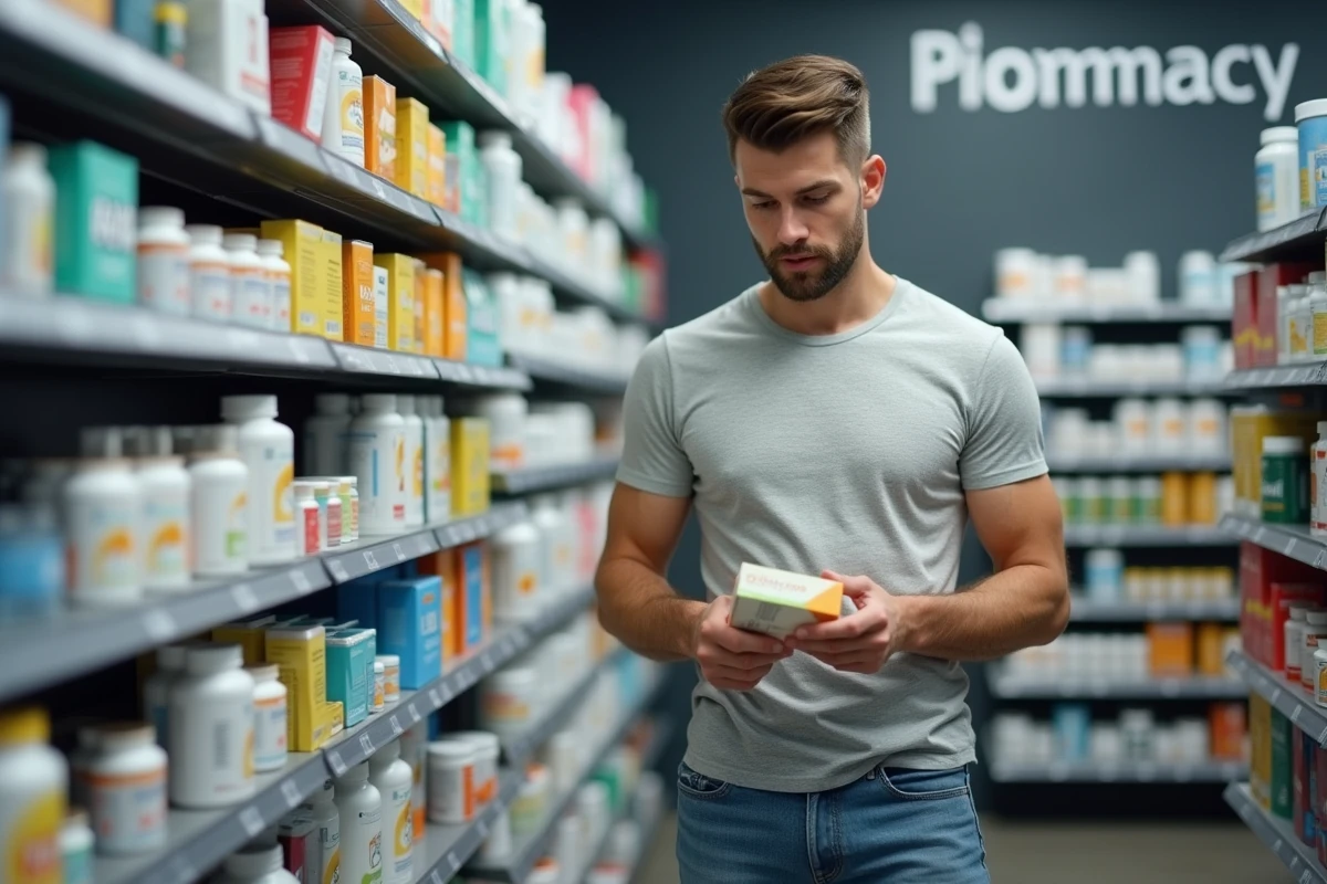 Homme inspecte des produits de gestion de poids en pharmacie