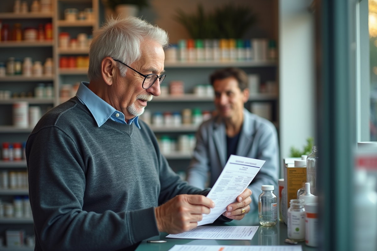 Homme âgé montrant une notice médicamenteuse au pharmacien