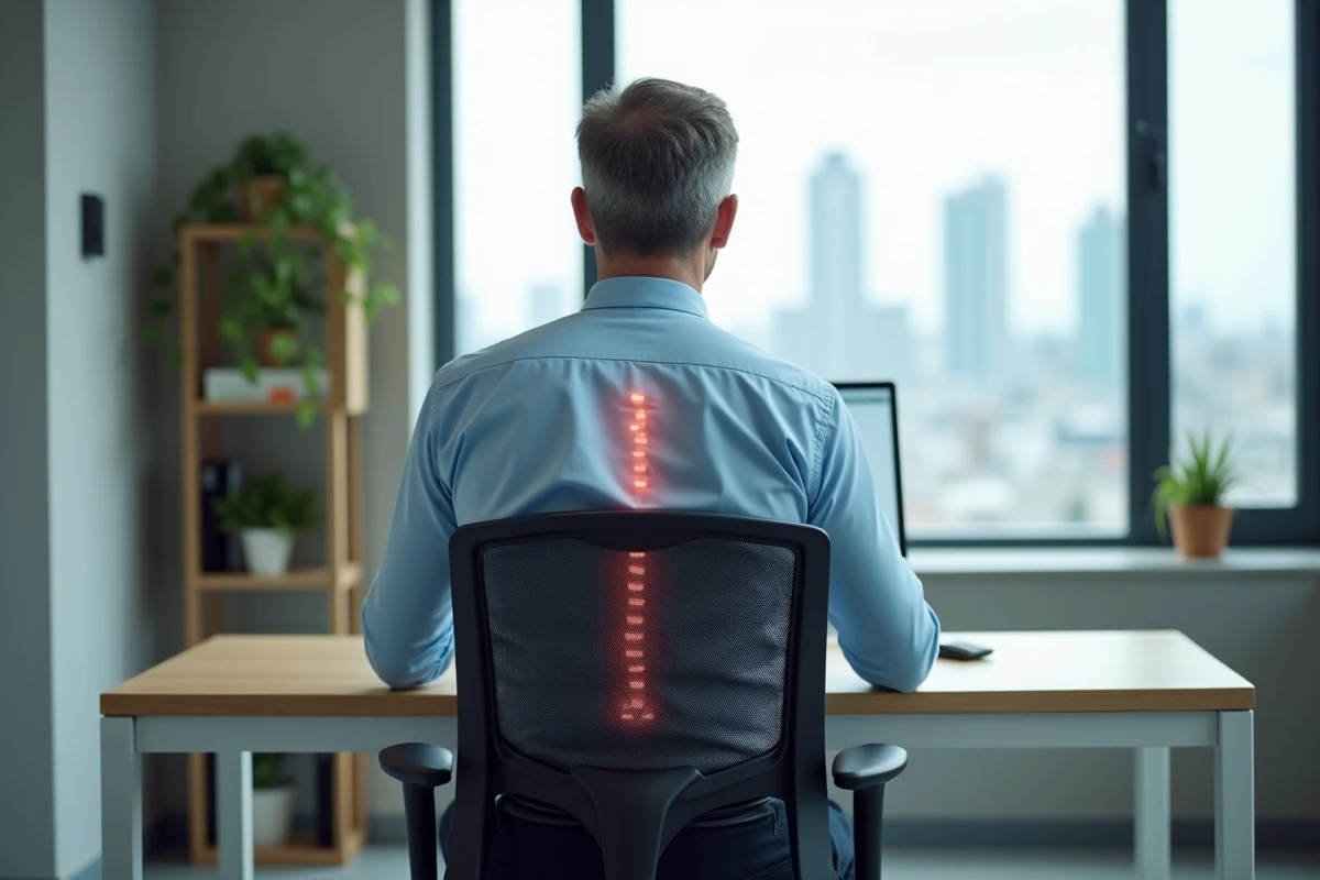 Homme montrant une bonne posture assise au bureau