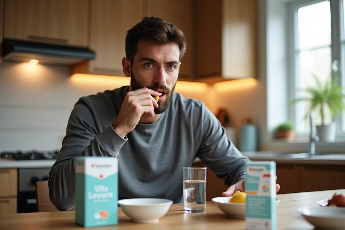 Homme prenant un complément probiotique Ultra Levure avec un verre d'eau lors d'un traitement antibiotique