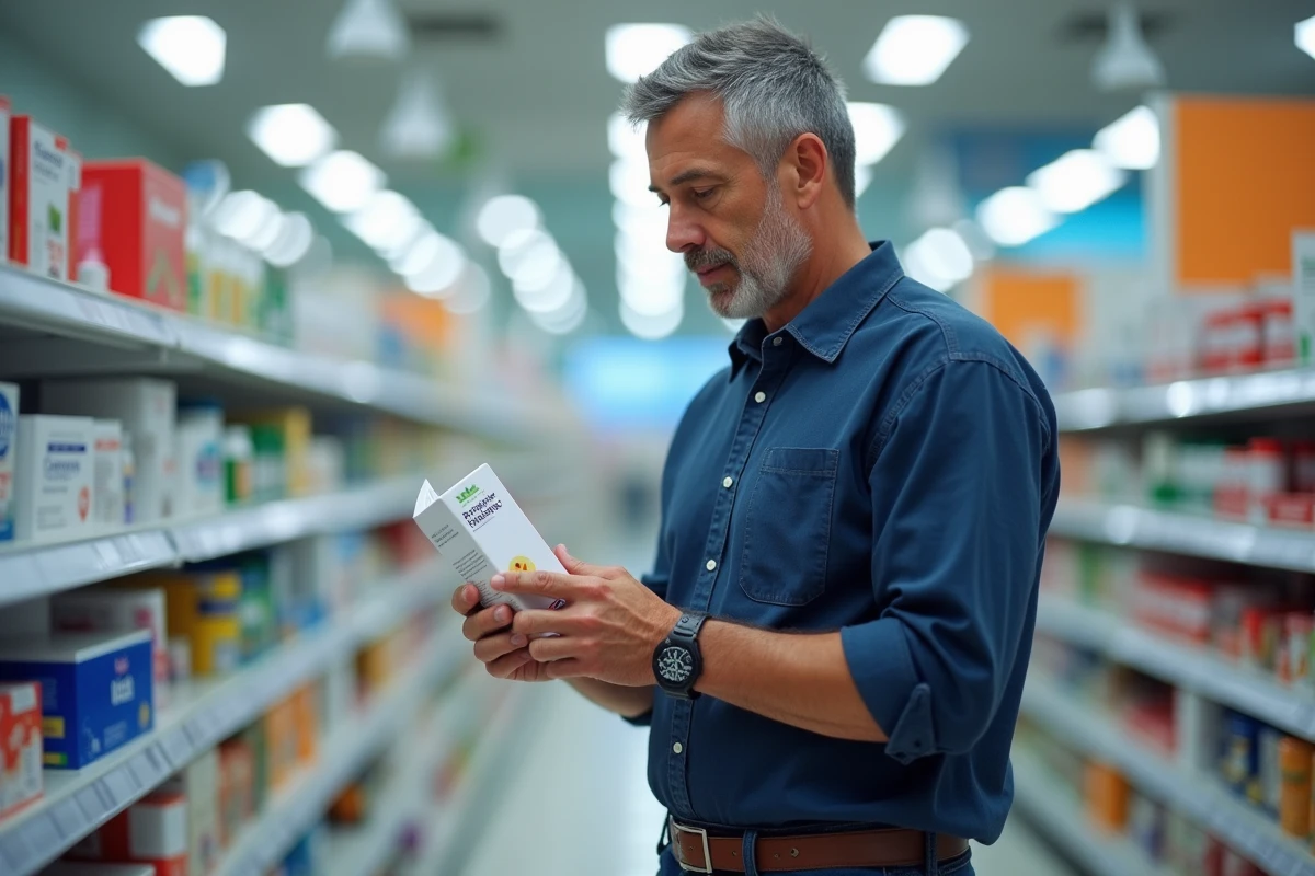 Homme d'âge moyen lisant l'étiquette d'un complément probiotique dans le rayon d'une pharmacie