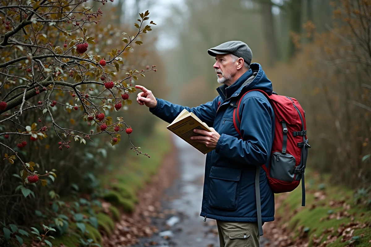 Homme en randonnée pointant des baies de prunelle