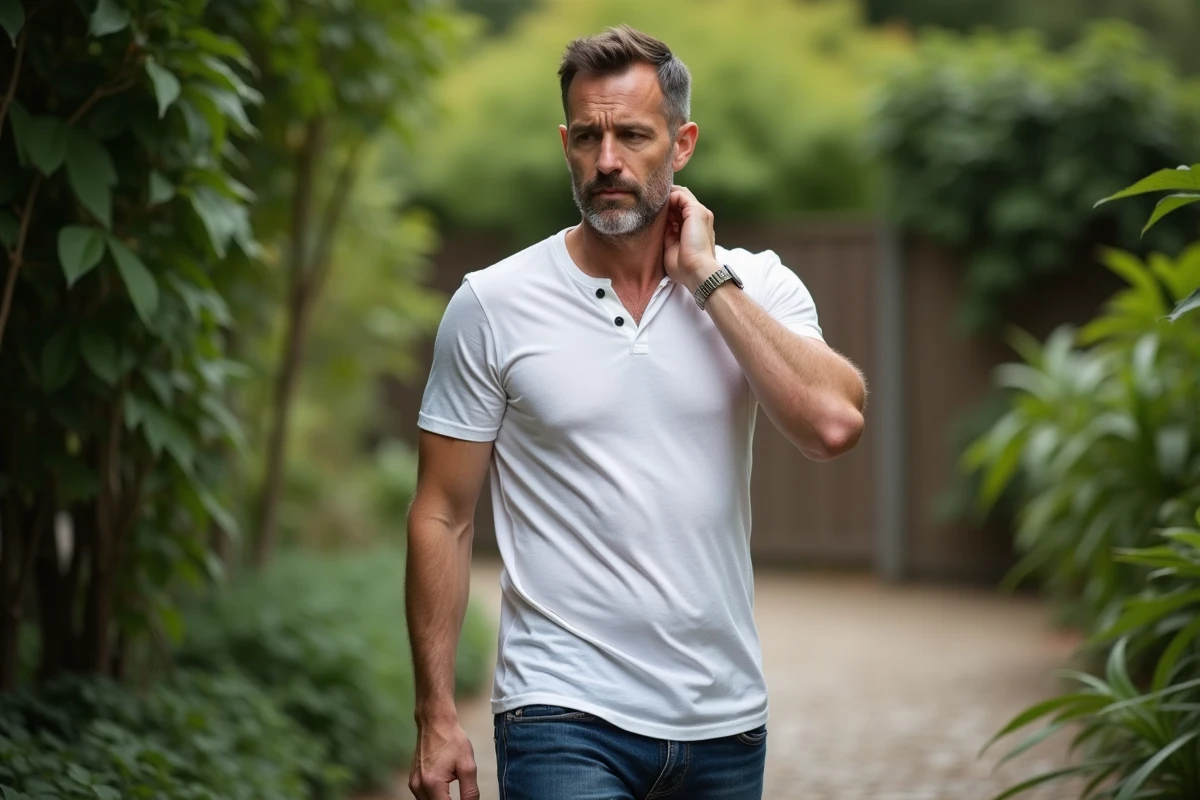 Homme pensif dans un jardin verdoyant et paisible