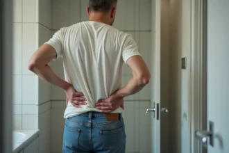 Homme regardant son dos dans un miroir de salle de bain