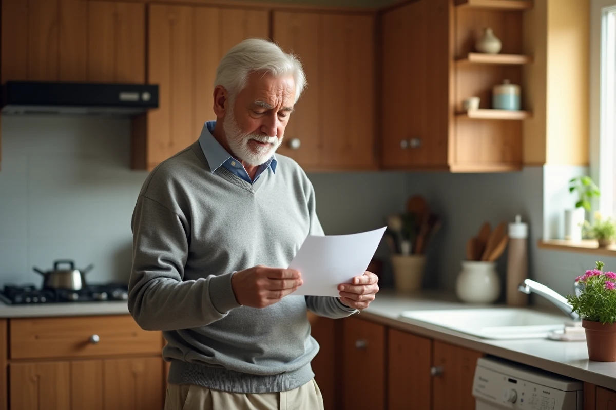 Homme âgé dans sa cuisine relisant une lettre médicale avec soulagement