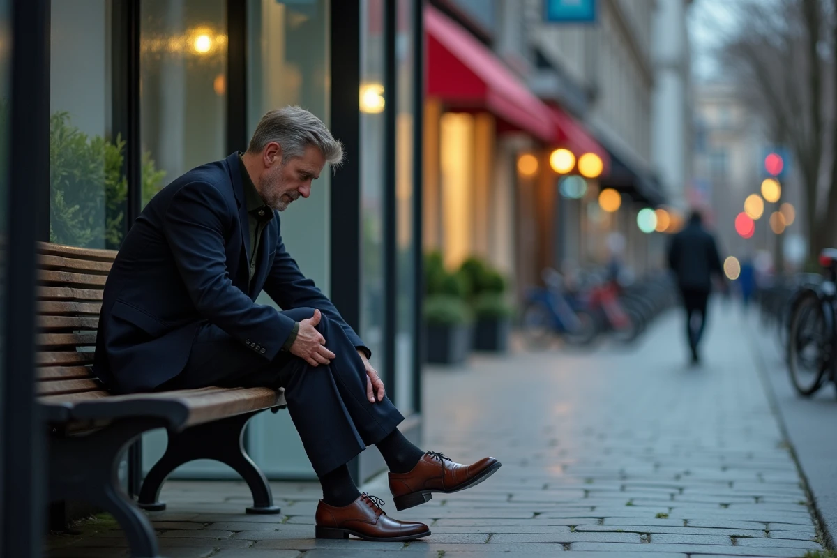 Homme en costume se reposant à un arrêt de bus en ville